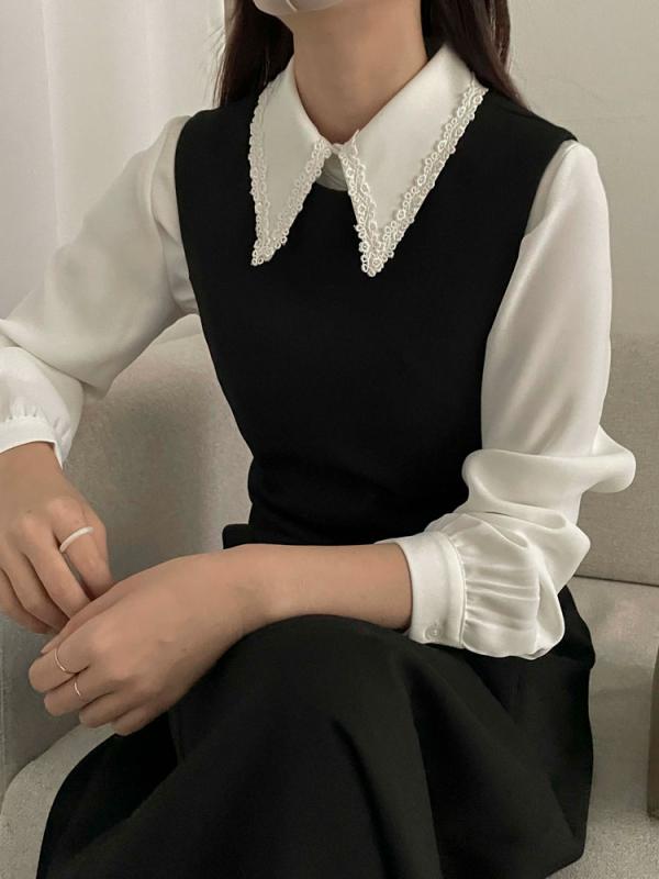 겨울까지 플라워 레이스 빅카라 블라우스 셔츠