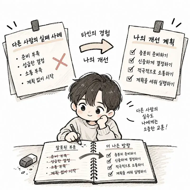 타산지석의 의미를 표현한 일러스트로, 다른 사람의 실패 사례를 참고해 자신의 잘못된 부분을 고치고 더 나은 방향으로 개선하는 모습