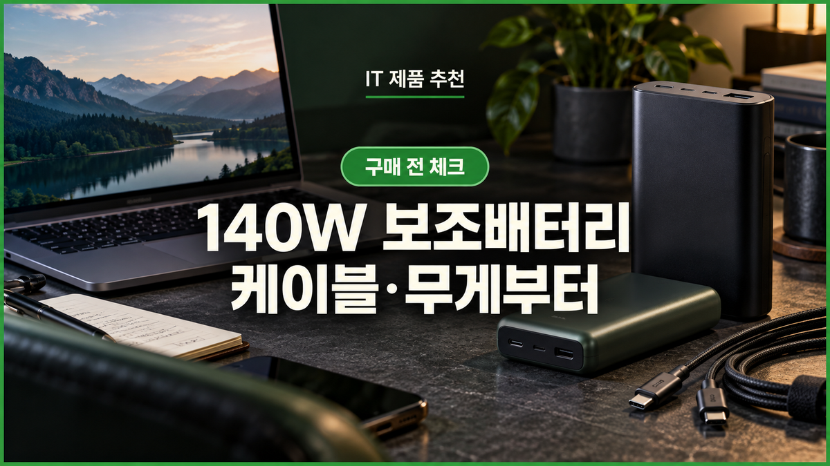 140W 노트북 보조배터리와 USB-C 케이블을 놓은 개발 업무 공간 대표 이미지