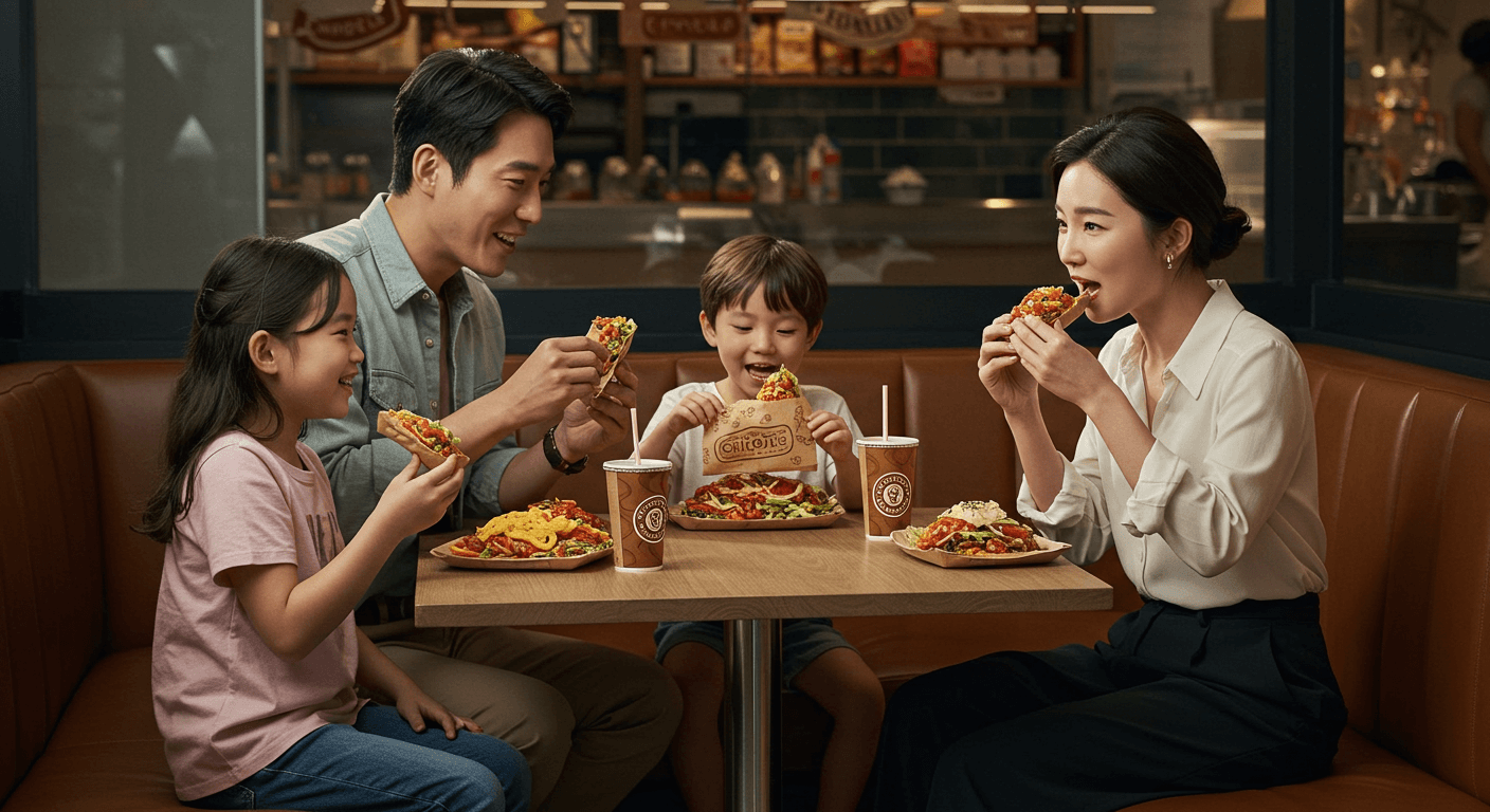 한국 가족이 치폴레 음식을 함께 나누며 즐겁게 식사하는 장면 1