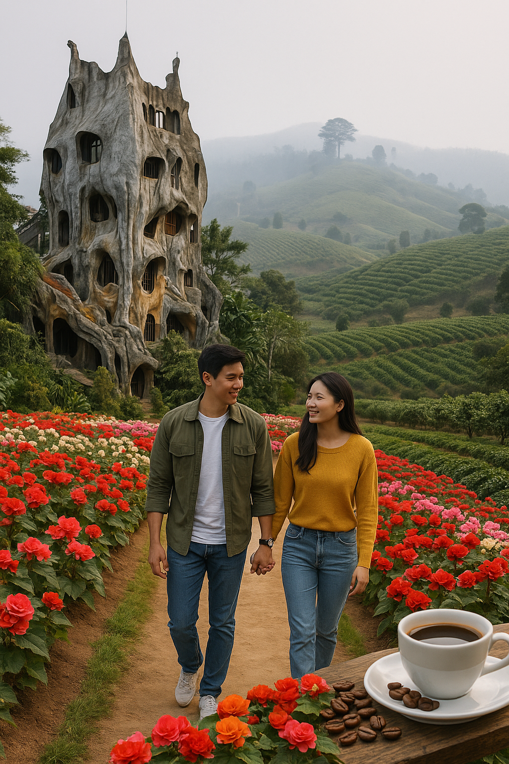 안개 낀 베고니아 꽃길을 따라 크레이지 하우스를 뒤로한 채 손을 맞잡고 미소 짓는 커플