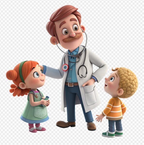 어린이들과 의사 선생님이 웃으면서 대화하는 모습