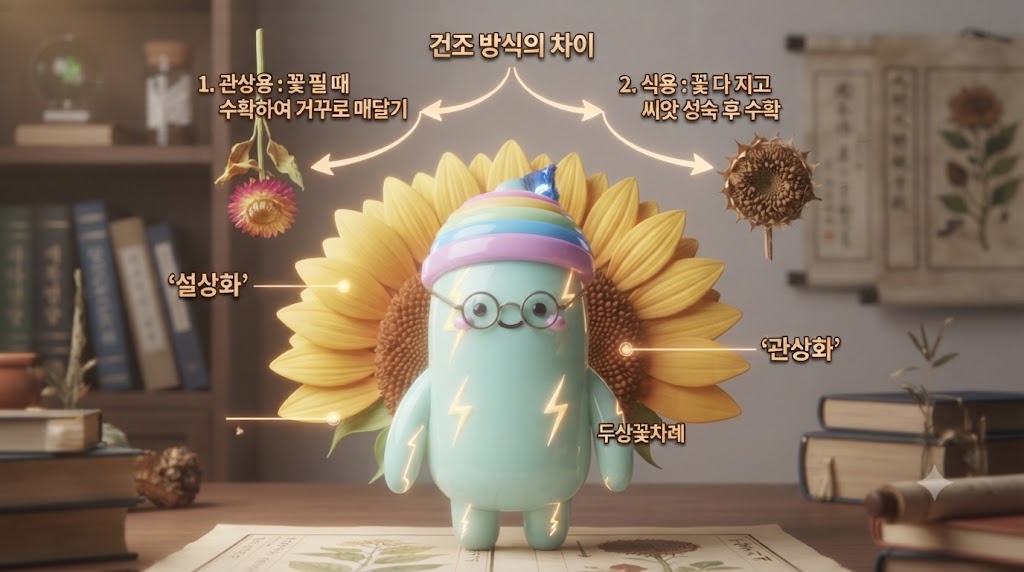3D 마법사 쫀쿠가 '해바라기 연구소'에서 거대한 꽃 머리를 반으로 쪼개어 구조를 설명하고 있습니다. 왼쪽에는 꽃잎이 붙어있는 거꾸로 매달린 해바라기가(관상용), 오른쪽에는 꽃잎이 다 지고 갈색 씨앗이 영그는 해바라기가(식용) 대조적으로 표현되었습니다. '두상꽃차례'의 복잡한 구조가 입체적인 다이어그램으로 시각화되었습니다.