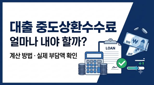 대출 중도상환수수료 계산 방법과 실제 부담액을 확인하기 위한 계산기, 원화 지폐 및 금융 서류 이미지