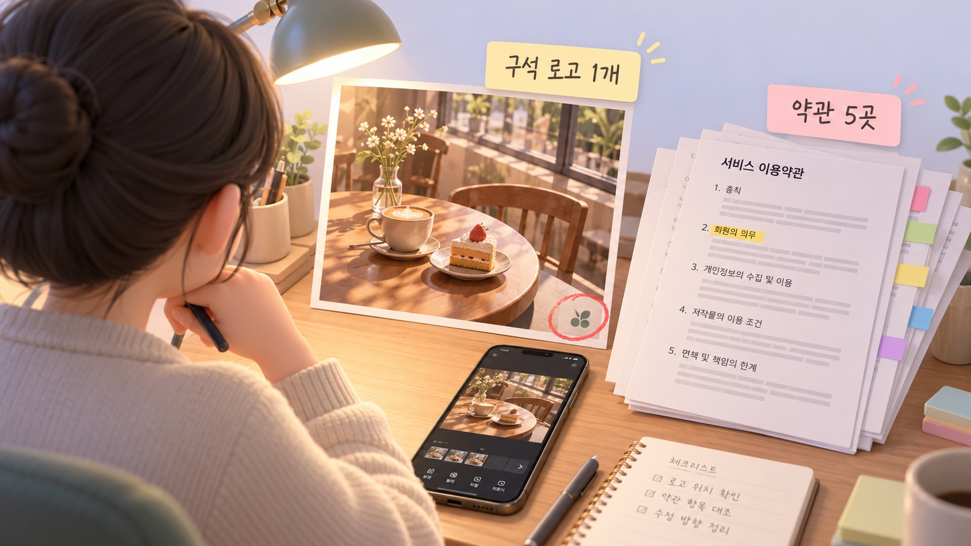 약관 다섯 곳과 구석 로고가 찍힌 AI 이미지를 견주는 장면
