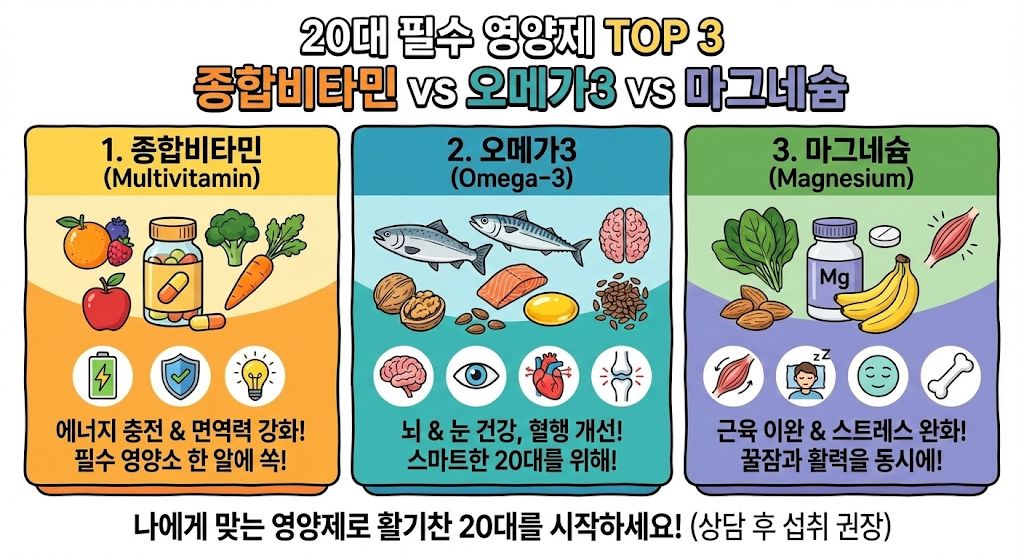 20대 필수 영양제 TOP 3: 종합비타민 vs 오메가3 vs 마그네슘