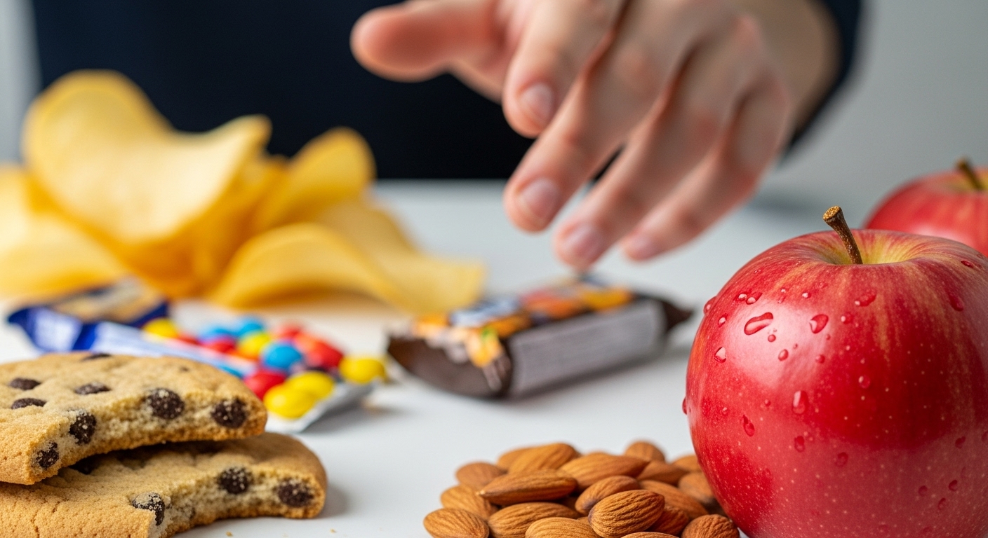 손이 과자 대신 신선한 사과나 견과류를 선택하는 모습. 건강한 탄수화물 섭취를 위한 현명한 선택을 보여줍니다.