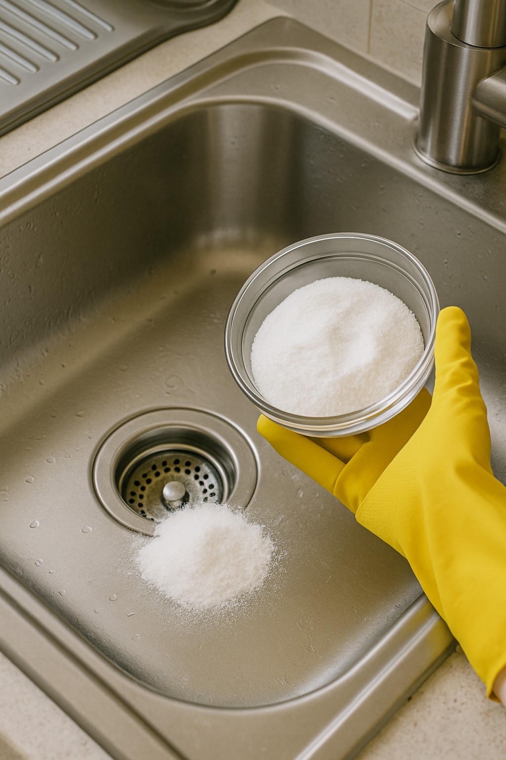 싱크대 배수구 위에 베이킹소다를 붓는 모습