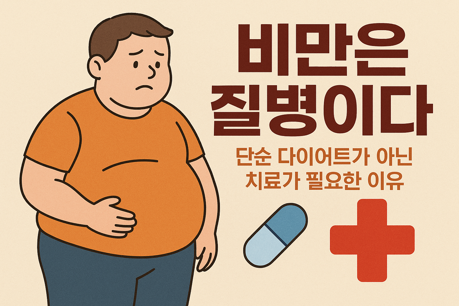 뚱뚱한 사람이 배를 잡고있고, 그 옆에 알약과 적십자.