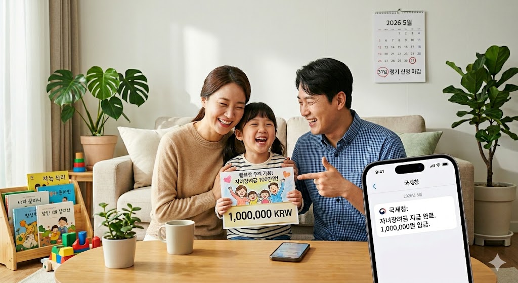2026년 자녀장려금 신청 후 지급 알림을 확인하며 기뻐하는 가족 모습