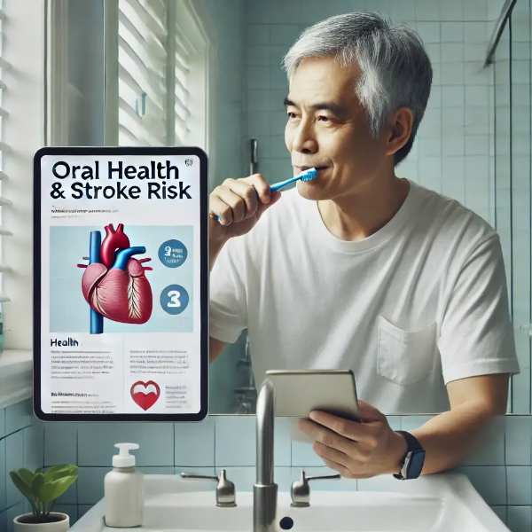 칫솔질하며 건강 기사 보는 동양인 중년 남성