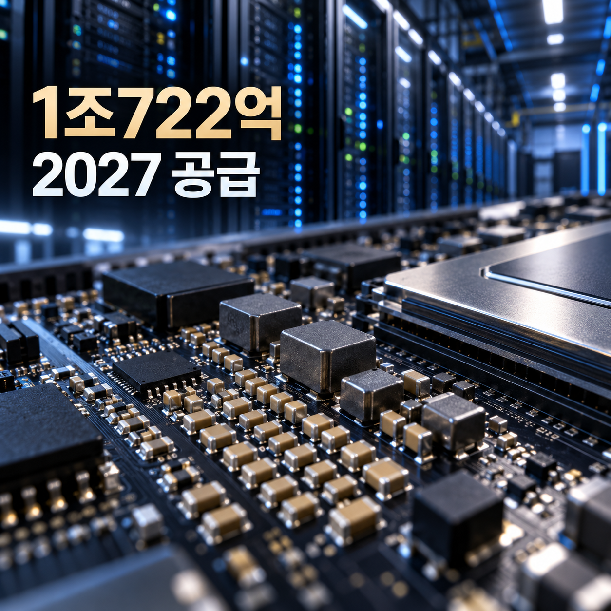 AI 서버 메인보드의 MLCC 부품과 데이터센터 서버 랙을 표현한 이미지