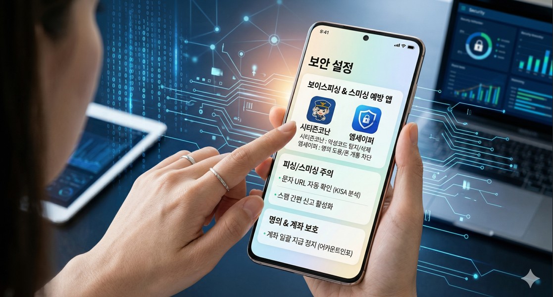 시티즌코난과 엠세이퍼 로고가 배치된 스마트폰 보안 설정 화면의 모던한 이미지.