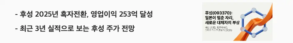 후성 주가 전망: ‘후성 2025년 흑자전환, 영업이익 253억 달성’, ‘최근 3년 실적으로 보는 후성 주가 전망’이라는 문구가 포함된 웹배너 이미지. 이 이미지는 후성의 적자에서 흑자전환으로 이어진 최근 3년 실적 변화를 시각적으로 전달하며, 블로그의 후성 재무 분석과 관련된 내용을 설명함