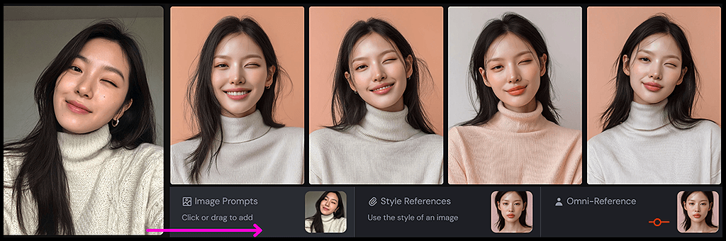 Midjourney OREF 고정 인물 표정 예시, 장난스러운 윙크와 부드러운 미소를 짓는 여성 이미지_Midjourney
