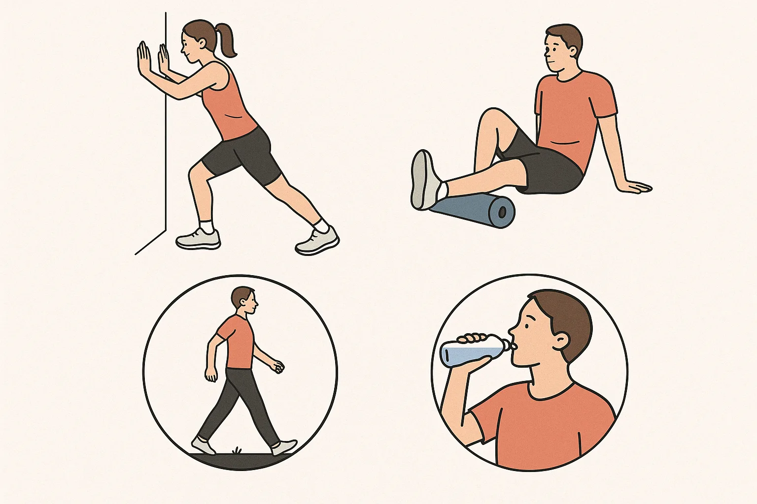 벽에 손을 대고 종아리 스트레칭하는 장면, 폼롤러로 종아리를 마사지하는 사람, 균형 잡힌 걷기와 수분 섭취