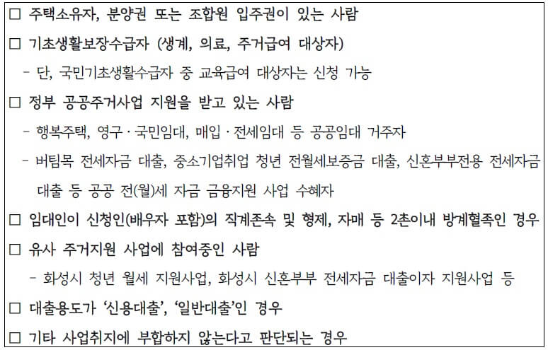 화성시 전월세 보증금 대출이자 지원 제외 대상