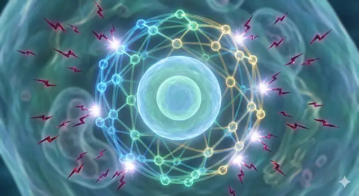 현미경으로 들여다본 미시 세계의 모습으로, 중앙의 건강하고 빛나는 세포를 중심으로 파란색과 금색으로 빛나는 항산화 물질들이 거미줄처럼 연결되어 보호막을 형성하고 있다. 이 보호막 외부에서 세포를 향해 날아드는 작고 날카로운 붉은색 활성산소 입자들이 보호막에 닿아 빛을 내며 소멸되는 역동적인 방어 과정을 보여주는 개념도이다.