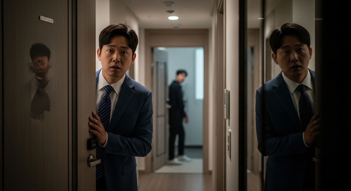 평범한 직장인이 이웃집 문 뒤에서 수상한 이웃을 몰래 훔쳐보는 코미디 미스터리 영화 '악마가 이사왔다'의 한 장면.