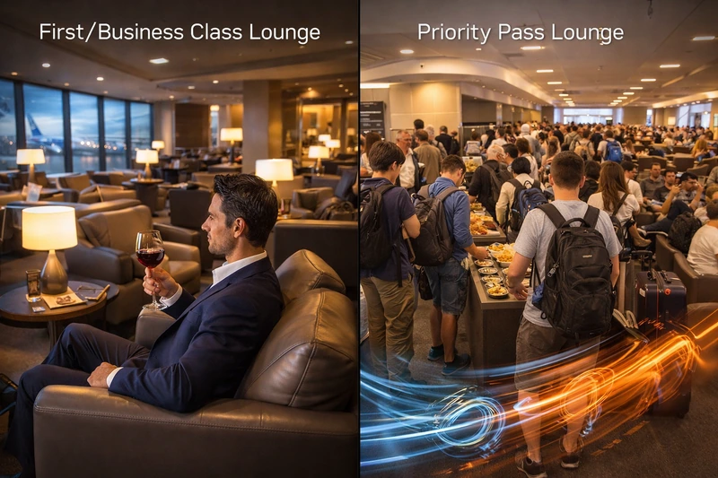 공항 라운지 경험을 비교한 분할 이미지로, 왼쪽은 가죽 좌석과 와인을 즐기는 승객이 있는 조용하고 고급스러운 비즈니스·퍼스트 클래스 라운지이고, 오른쪽은 배낭과 캐리어를 든 여행객들과 긴 뷔페 줄로 붐비는 프라이어리티 패스 라운지의 모습