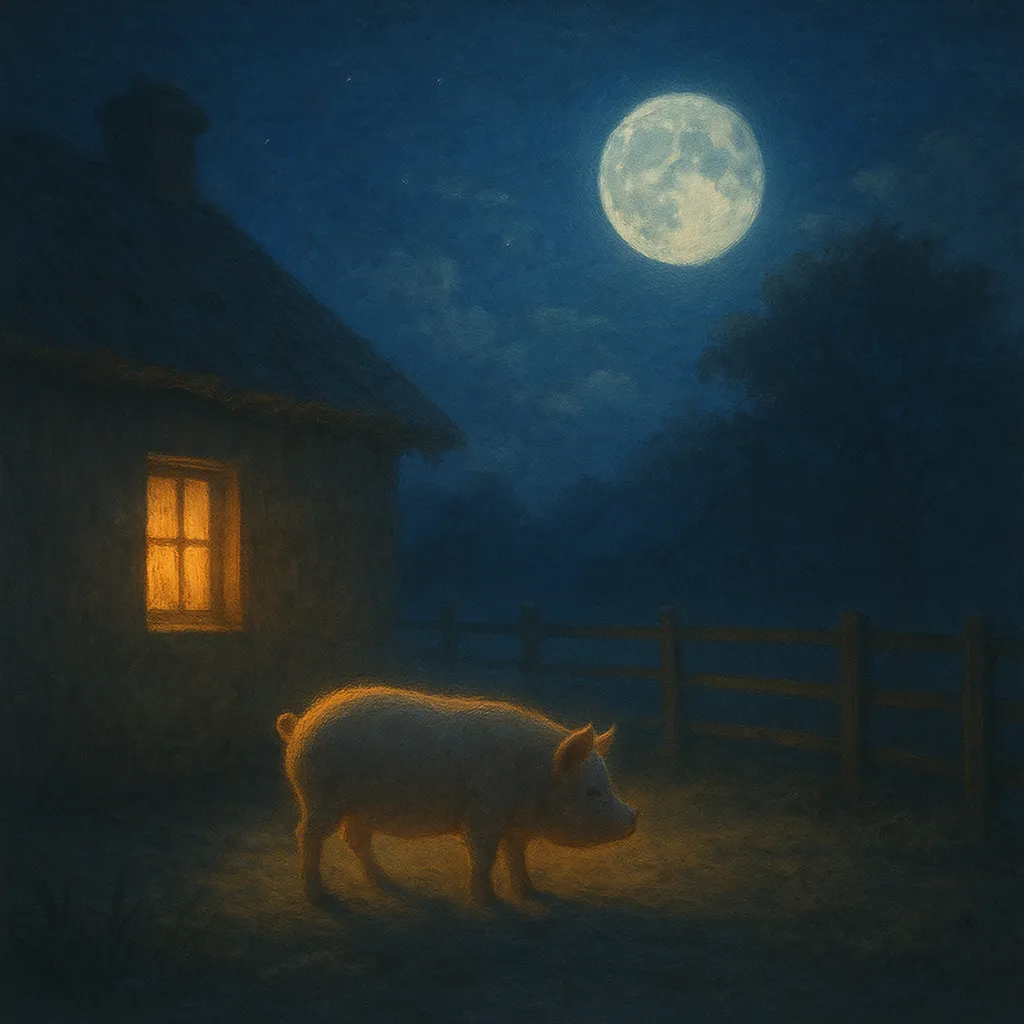 보름달 아래 전통 가옥 마당에 있는 돼지의 상징적인 밤 장면