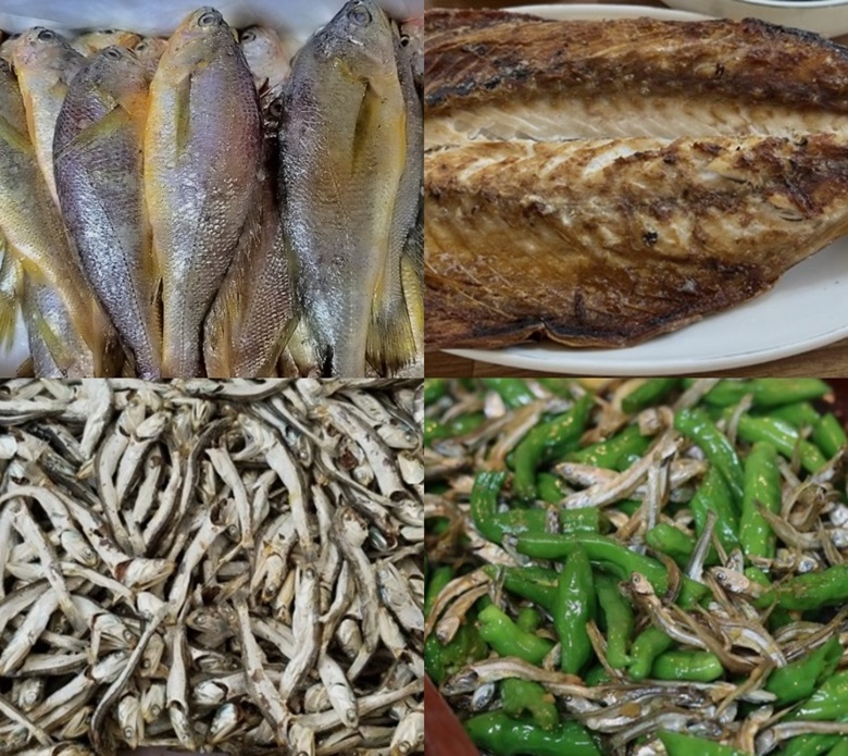 상단 좌측부터 다량의 조기를 세로로 가지런히 모아둔 사진과 조기 한마리를 맛있게 구워서 접시에 담둔 사진이며 하단 좌측부터 마른 멸치를 수북히 쌓아둔 사진과 그 멸치에 작은 풋고추를 통으로 넣고 볶아서 만든 멸치볶음 사진