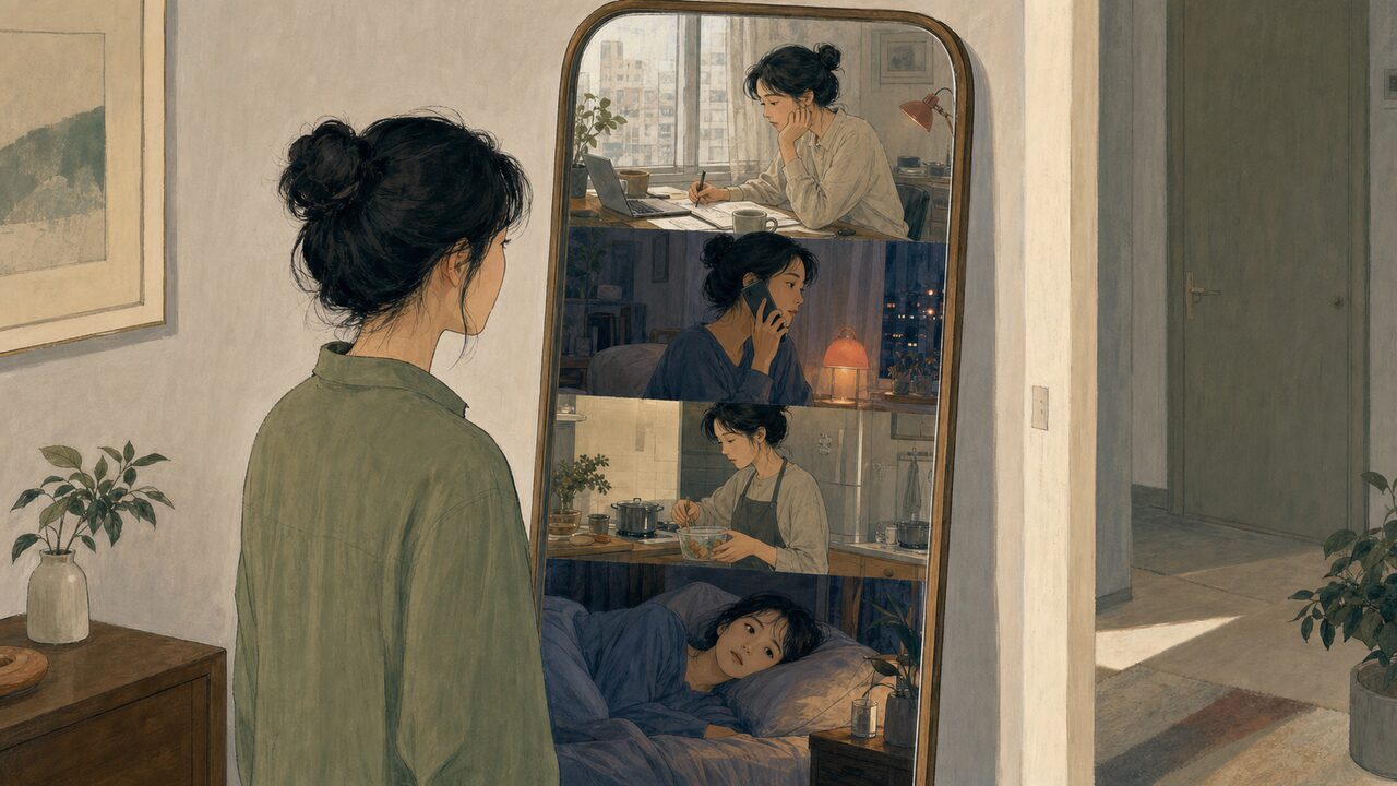 거울 안에 업무, 고민, 요리, 불면의 하루가 비치는 장면