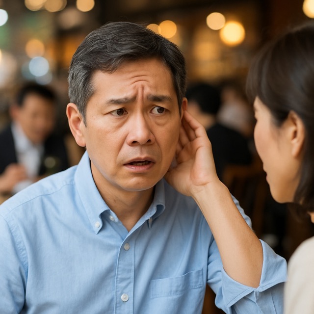 시끄러운 식당에서 말을 잘 듣기 위해 귀를 기울이는 중년 남성(출처: 자체제작)