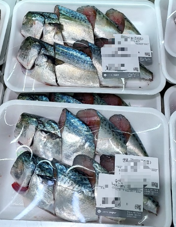마트 냉장 진열대에 진열된 고등어 포장 제품
