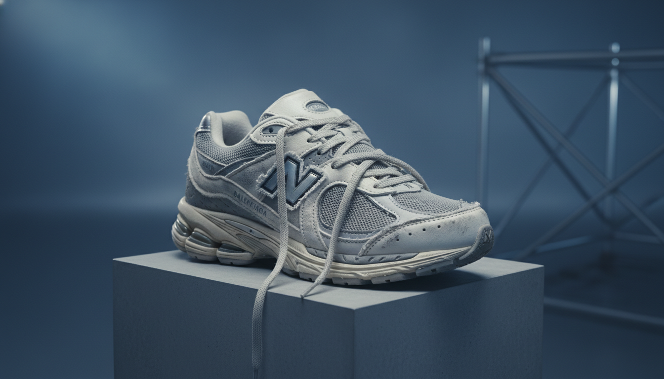 2026년 뉴발란스와 발렌시아가 협업으로 탄생한 1906R 스니커즈의 측면 상세 이미지, 빈티지한 디테일과 이중 신발 끈이 특징