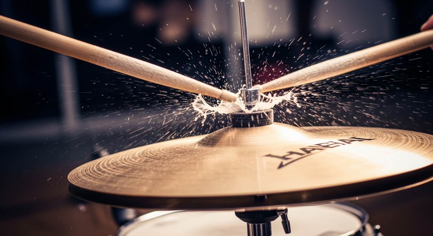 심벌을 강하게 치는 드럼 스틱의 클로즈업. 음악과 리듬이 만들어내는 강렬한 에너지를 추상적으로 표현하여 '위플래시'의 감정선을 상징.