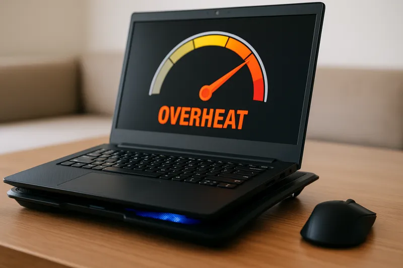 과열 경고 화면이 표시된 노트북과 쿨링 패드