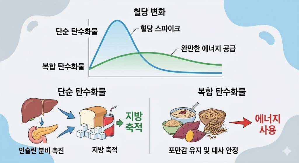 단순 탄수화물 vs 복합 탄수화물 혈당 변화 그래프 비교 혈당 스파이크 다이어트 식단 가이드 인포그래픽