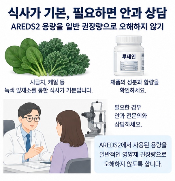 녹색 잎채소와 영양제 성분표, 안과 상담을 통해 루테인 섭취 주의점을 안내하는 이미지