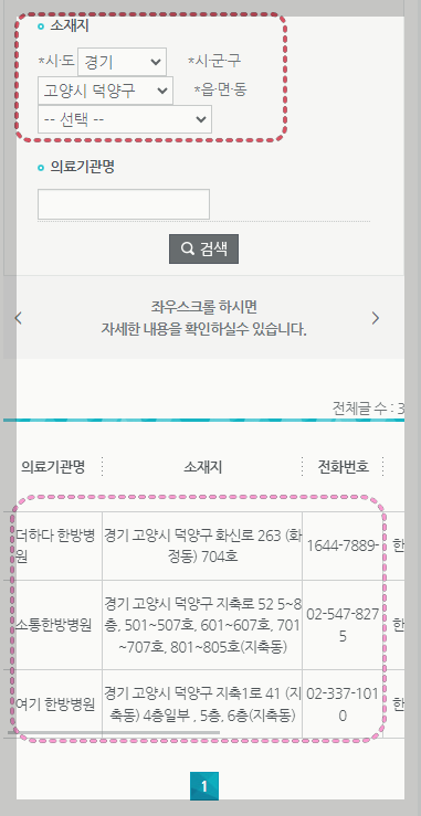 한방 산재 의료기관 검색 결과