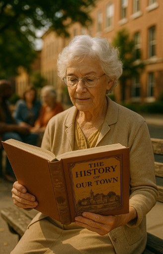 마을의 역사책을 읽고 있는 여성의 모습