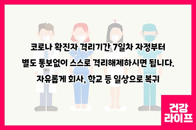 격리 7일차 자정부터 별도 통보없이 스스로 격리해제하면 됩니다.