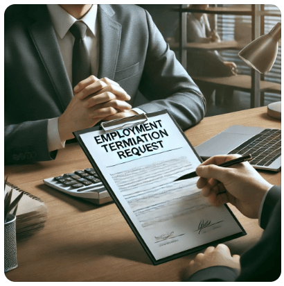 회사에서 이직확인서 발급을 요청하는 장면, 사람이 회사 대표에게 서류를 제출하는 모습