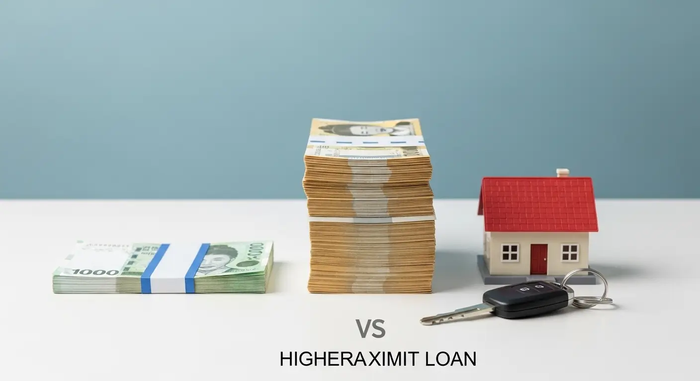 신용대출의 낮은 한도와 후순위담보대출의 높은 한도를 비교하는 시각적 이미지