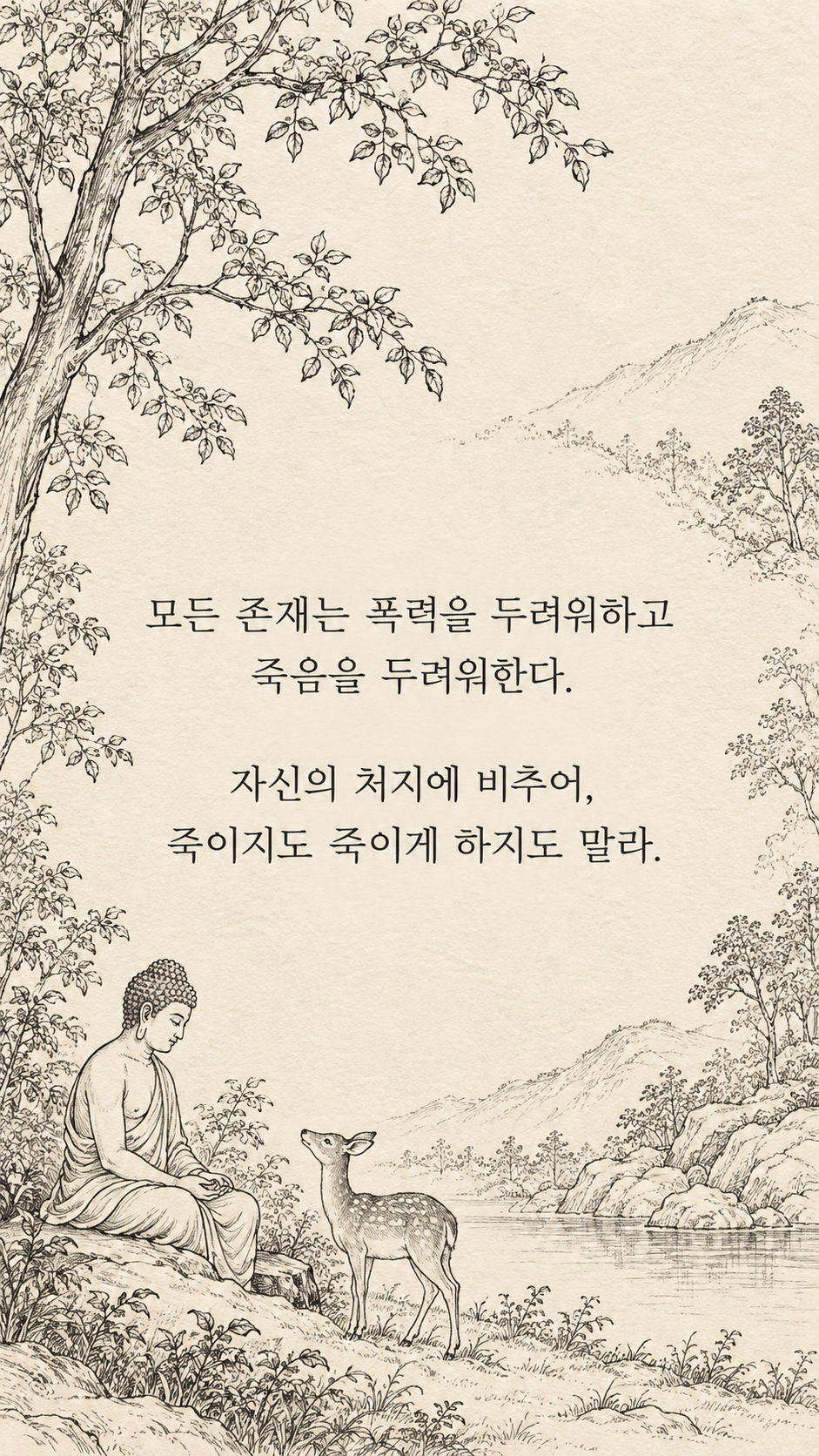 다른 생명의 두려움을 헤아리기 — 종이 질감에 깔끔한 펜선 명언 삽화