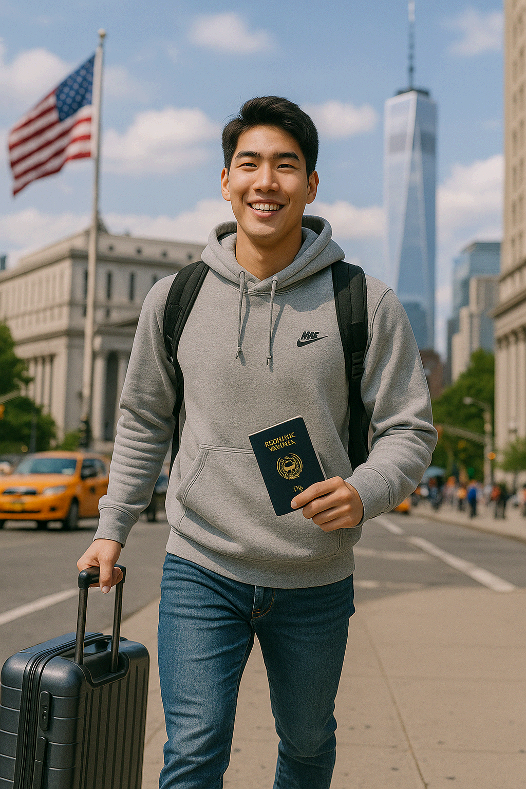 뉴욕 거리에서 밝게 웃으며 걷고 있는 20대 한국인 남성. 회색 나이키 후드티와 청바지를 입고, 왼손에는 여권을, 오른손에는 캐리어