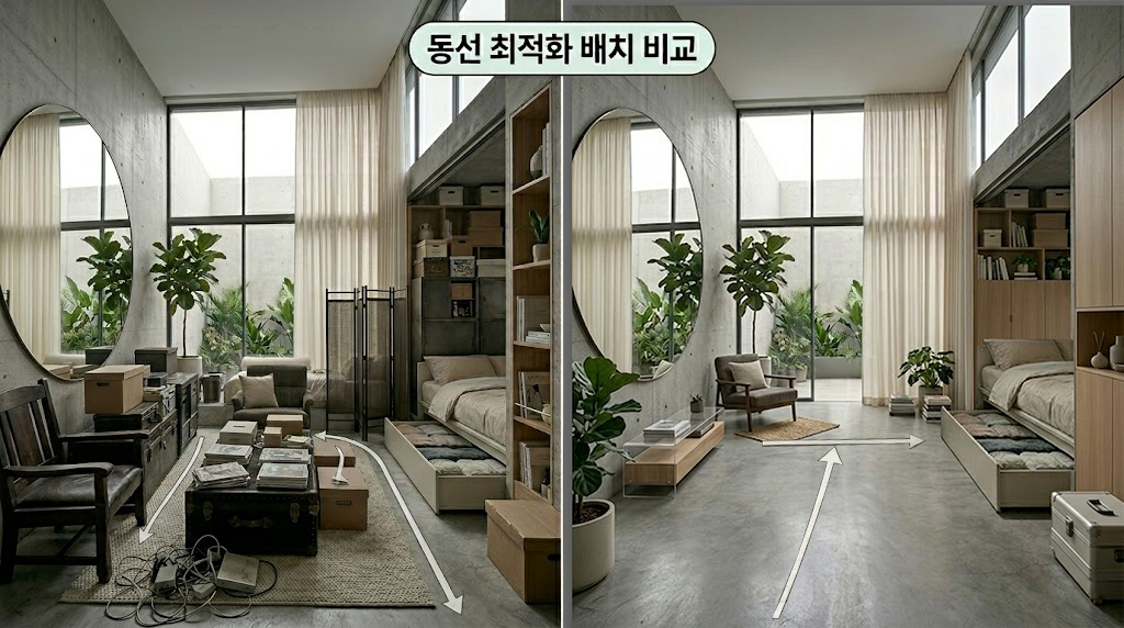 공간이 좁은 구간에 가구를 재배치하여 동선 최적화 상태를 만들어 가구 이동 전후 비교한 이미지