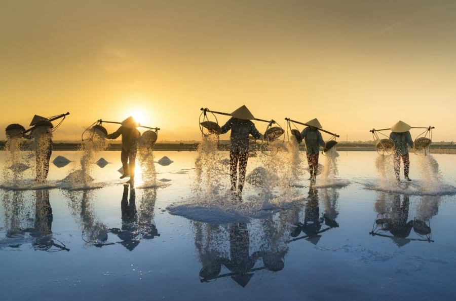 베트남 소금생산하는 농부 모습