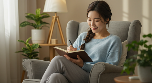 노트에 감정을 적으며 마음을 정리하는 한국인 여성