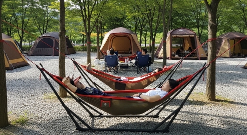 캠핑장에서 해먹에 누운 사람과 주변 풍경