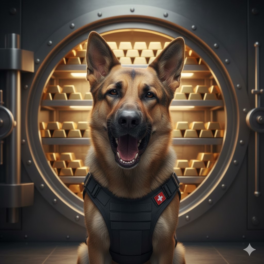 [The Secret Life of a Swiss Bank Guard Dog: A majestic but sleepy security dog guarding the ultimate wealth sanctuary.]