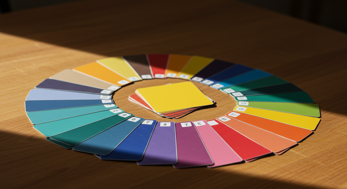 먼셀 색체계를 바탕으로 정렬된 원형 컬러칩으로, 실전 배색 시 활용되는 컬러 조합 예시를 직관적으로 보여줍니다.