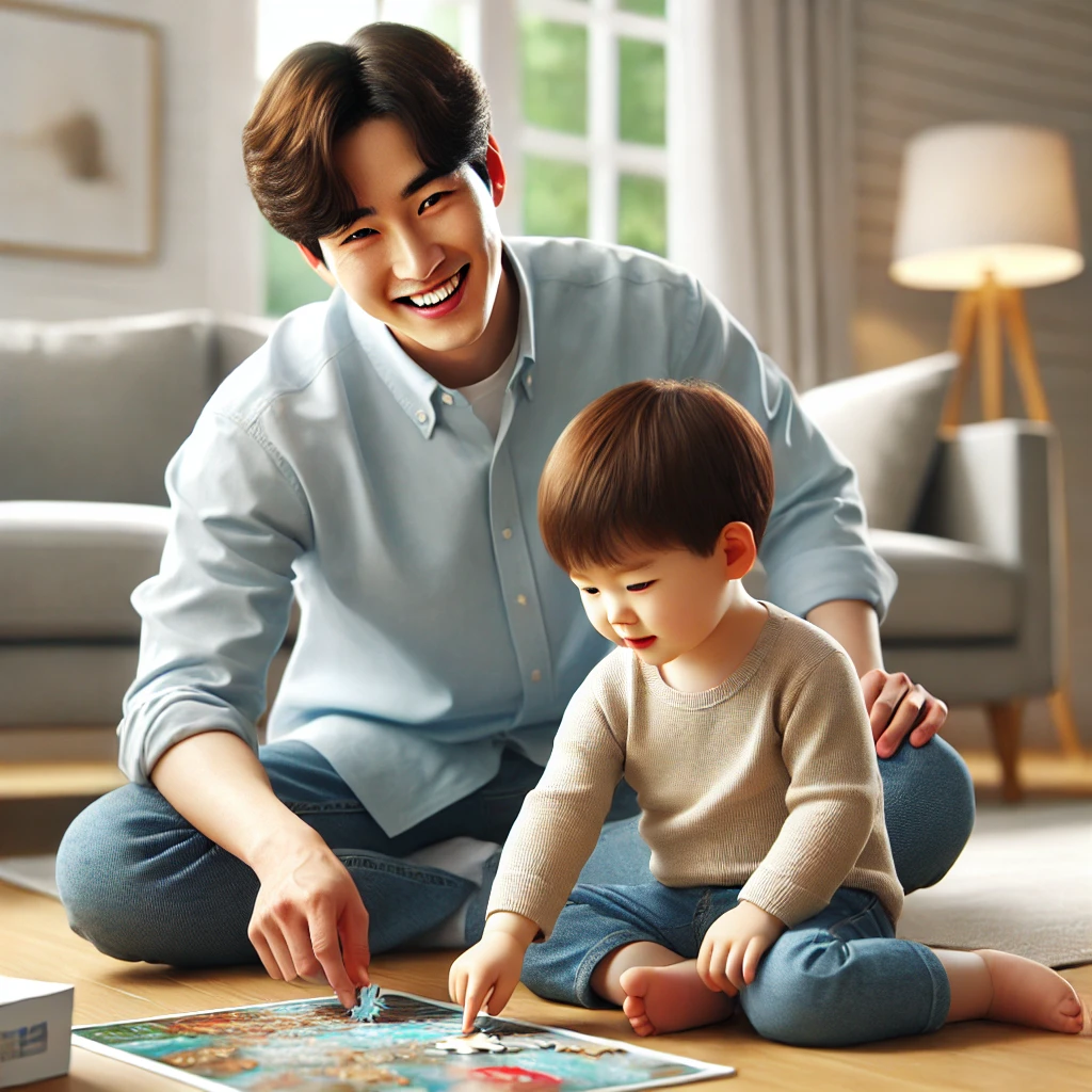 부모가 거실에서 퍼즐을 푸는 아이를 무릎을 꿇고 도와주는 모습. 부모는 따뜻하게 미소 짓고, 아이는 집중하며 자신감을 키우는 장면.