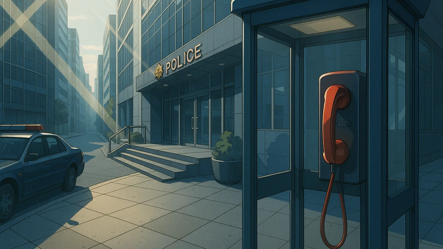 112 신고 전화기와 경찰서 건물이 보이는 안전한 신고 환경을 나타내는 이미지