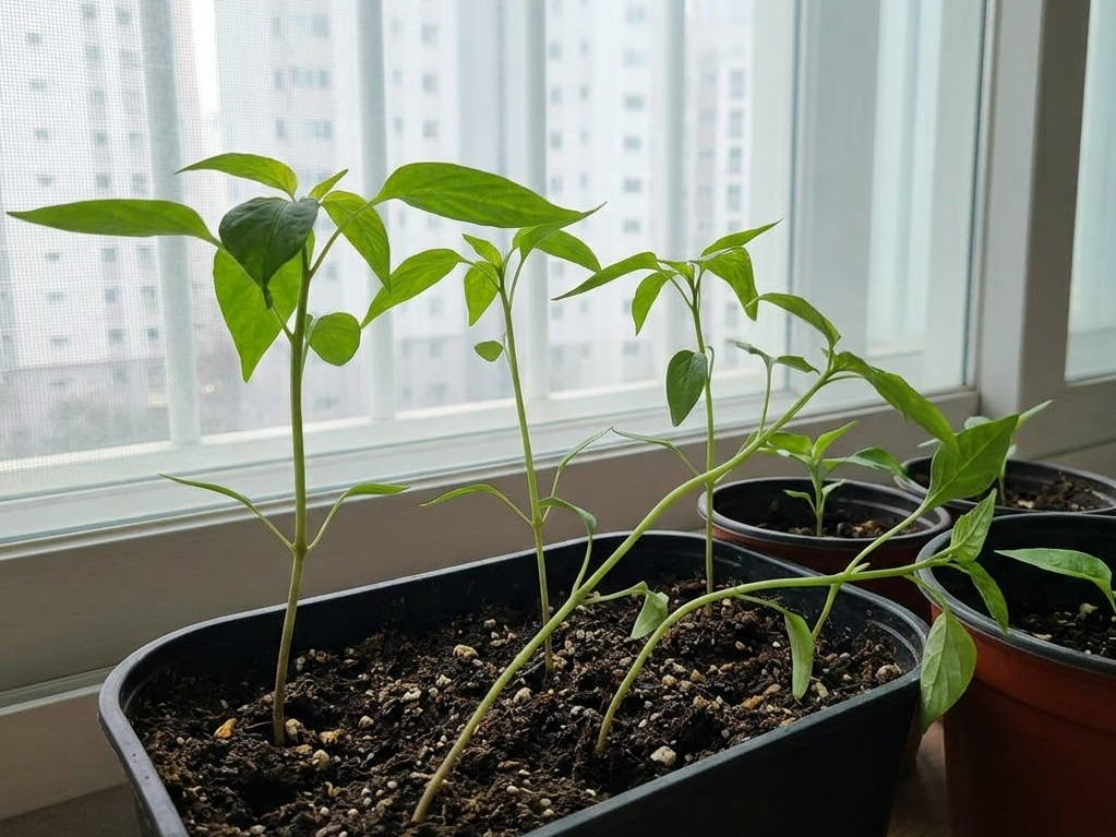 실내 창가에서 햇빛 부족과 고온으로 인해 콩나물처럼 키만 크고 가늘어진 고추 모종의 상태